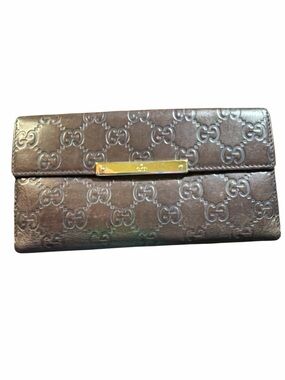Gucci Dark Brown Guccissima Leather Continental Metal Bar Flap Wallet